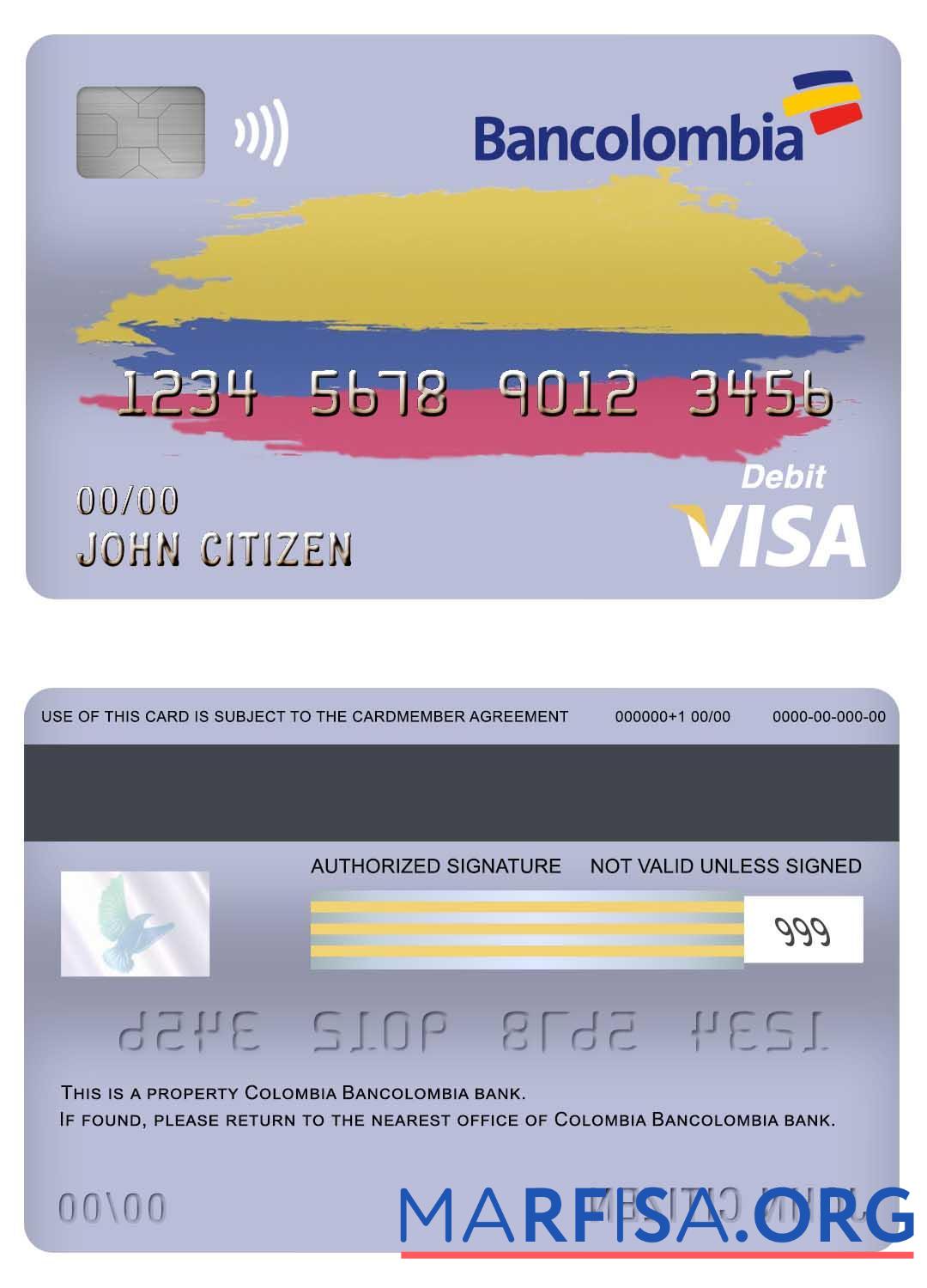 Downloadable Colombia Bancolombia bank visa debit card download for verification